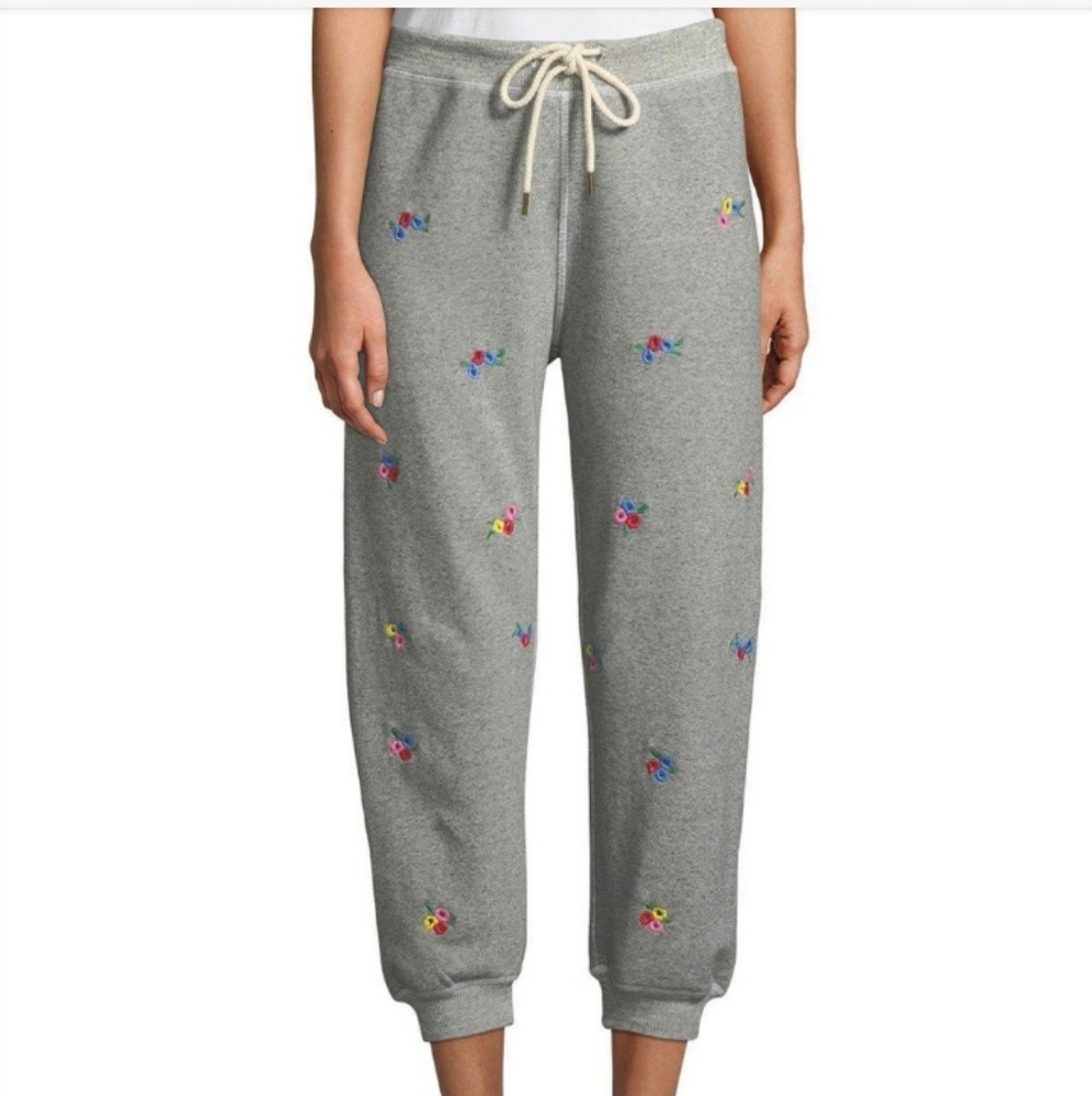 THE GREAT. Flower Embroidery Print Heather Grey Joggers Sweatpants - Sz 1 / S